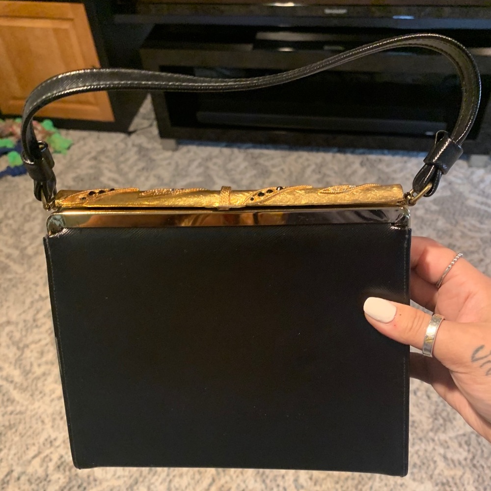 Real black leather vintage cocktail purse w gold